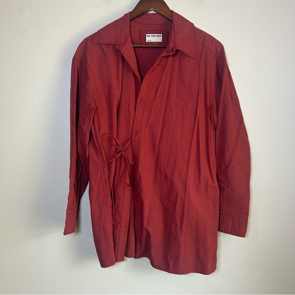 WE THE FREE Red‎ Cotton Button Down Shirt Dress Tie Waist Size S